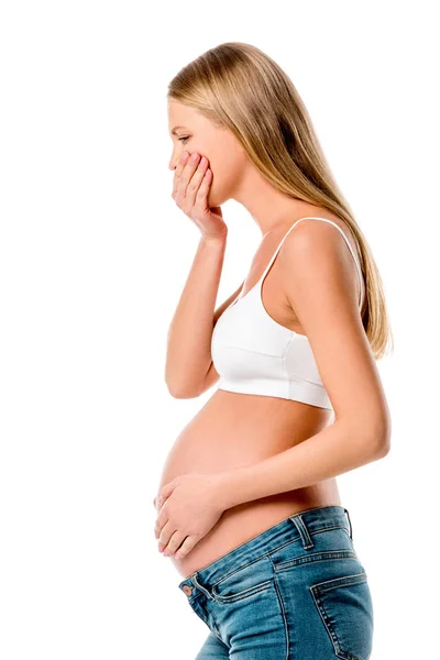Pregnant woman having toxicosis with nausea isolated on white — Stock Photo