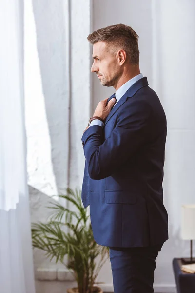 Vue latérale du bel homme en costume portant une cravate et regardant loin à la maison — Photo de stock