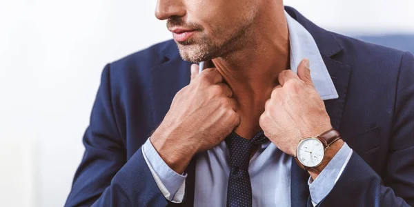 Recortado tiro de hombre en traje usando corbata en casa - foto de stock