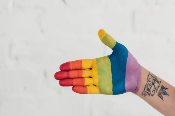 Обрізаний знімок руки, пофарбований у кольори прапора гордості перед білою цегляною стіною — стокове фото