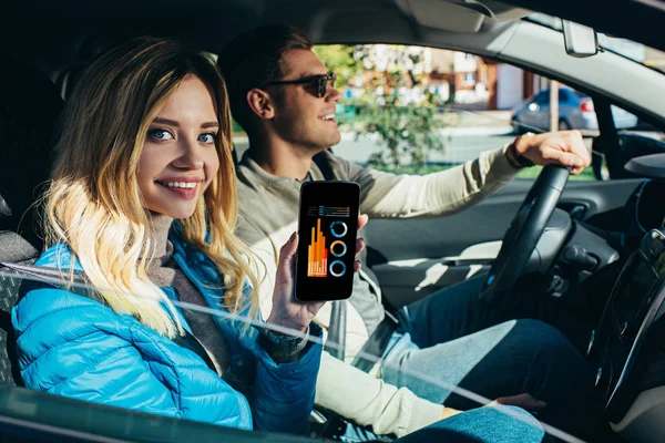 Улыбающаяся женщина показывает смартфон во время вождения машины мужем — стоковое фото