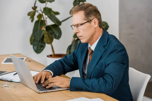 Adult businessman in glasses using laptop in office — Stock Photo