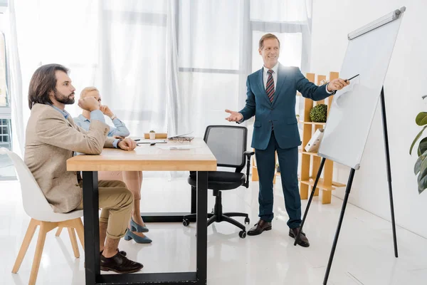 Adult businessman talking to couple and pointing at white board in office — Stock Photo