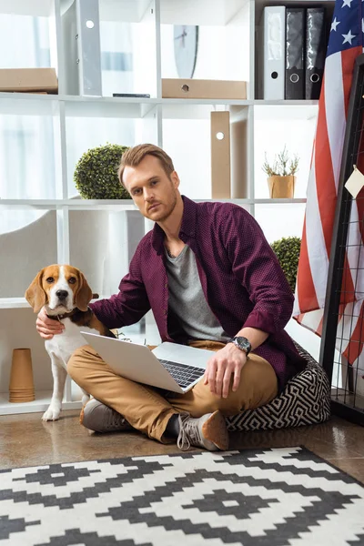 Selective focus of male freelancer with laptop touching beagle near usa flag in home office — Stock Photo