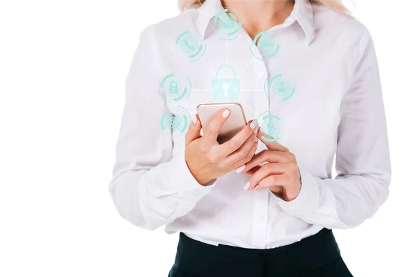 Cropped shot of businesswoman using smartphone with cyber security signs isolated on white — Stock Photo