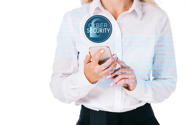 Cropped shot of businesswoman using smartphone with cyber security sign isolated on white — Stock Photo