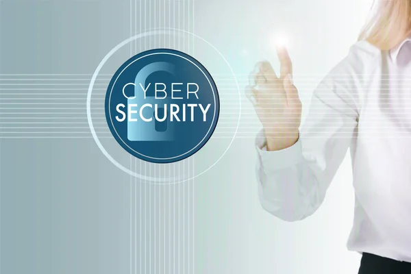 Cropped shot of businesswomans hand  and cyber security sign isolated on white — Stock Photo