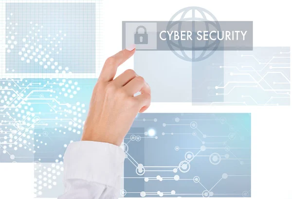 Cropped shot of businesswoman pointing at cyber security sign isolated on white — Stock Photo