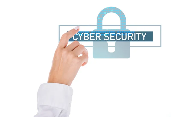 Cropped shot of businesswoman pointing at cyber security sign isolated on white — Stock Photo