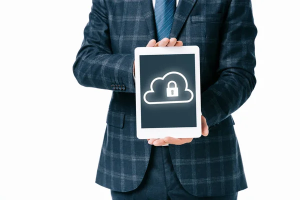 Cropped shot of businessman showing tablet with cloud and lock cyber security sign on screen isolated on white — Stock Photo