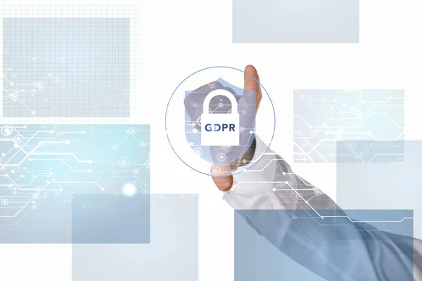 Vista parziale di uomo d'affari gesticolando con segno di sicurezza informatica gdpr in mezzo isolato su bianco — Foto stock