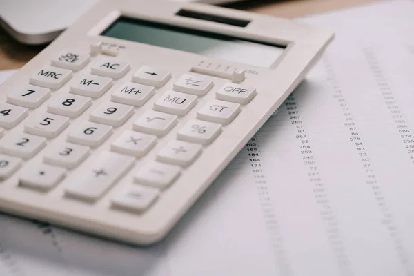 Close up view of calculator and documents, acoounting concept — Stock Photo