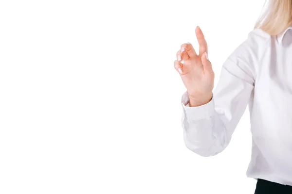 Обрезанный снимок руки бизнесвумен, изолированной на белом — стоковое фото