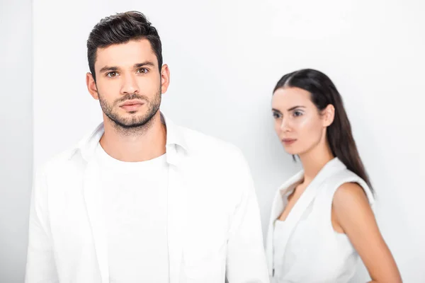 Close up of adult stylish couple in total white — Stock Photo