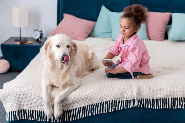 Cute african american kid sitting on the bed with smartphone and golden retriever — Stock Photo