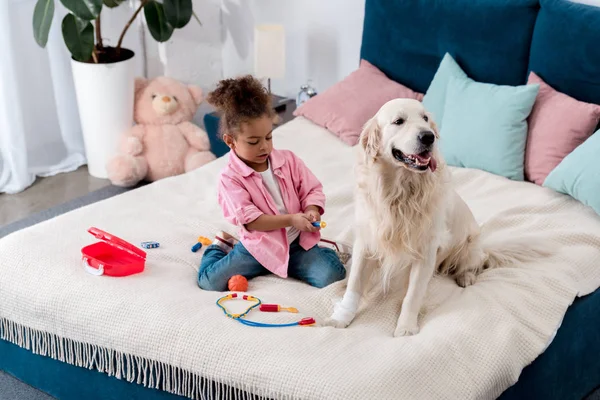 Criança americana africana encaracolada brincando de médico com seu cachorro — Fotografia de Stock