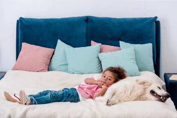 Cute african american kid in pink jacket lying on bed and leaning to dog — Stock Photo