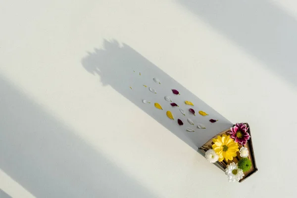 Vue du haut du livre rétro avec des fleurs multicolores lumineuses et des pétales — Photo de stock