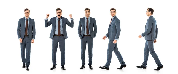 Colagem de empresário bonito em terno andando e de pé com diferentes emoções isoladas no branco — Fotografia de Stock