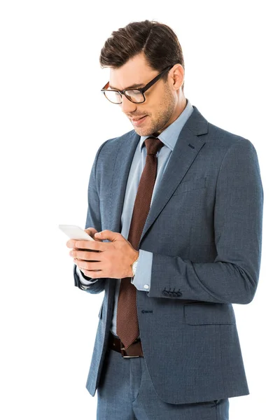 Schöner Geschäftsmann mit Smartphone isoliert auf weiß — Stockfoto