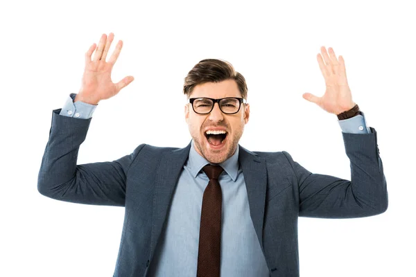 Empresario emocional en traje regocijo y gesto aislado en blanco - foto de stock