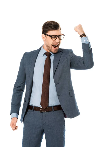 Feliz hombre de negocios en gafas regocijo y gesto aislado en blanco - foto de stock