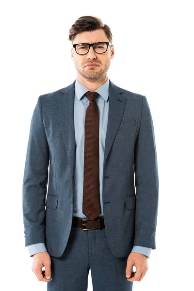 Adult businessman with sad face expression standing isolated on white — Stock Photo