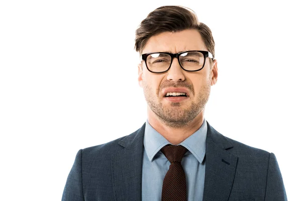 Stressed businessman with sad face expression isolated on white — Stock Photo