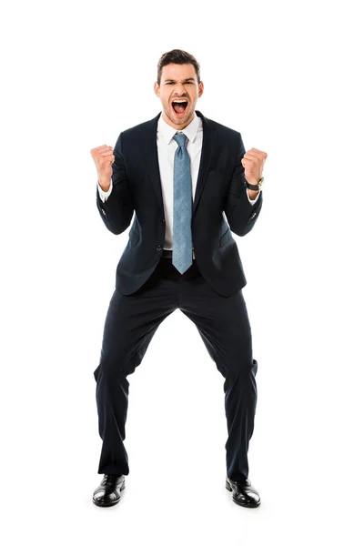 Дорослий щасливий бізнесмен жестикулює і радіє ізольовано на білому — стокове фото