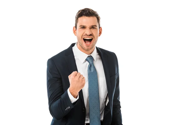 Adulto feliz hombre de negocios gritando y regocijándose aislado en blanco - foto de stock
