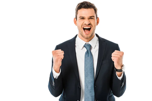 Guapo complacido hombre de negocios gritando y regocijándose aislado en blanco - foto de stock