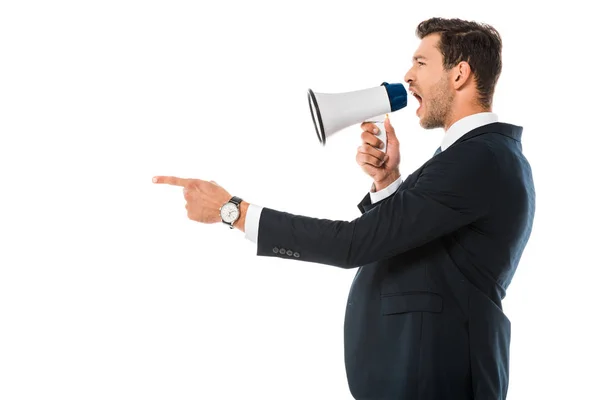 Angry businessman shouting at megaphone isolated on white — Stock Photo