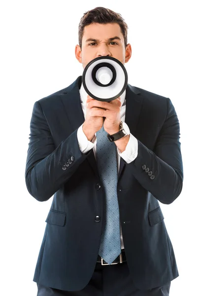 Homem de negócios agressivo gritando em megafone isolado em branco — Fotografia de Stock