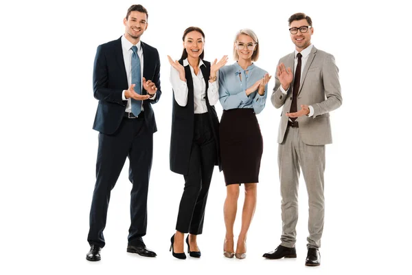 Feliz y exitoso equipo de negocios aplaudiendo aislado en blanco - foto de stock