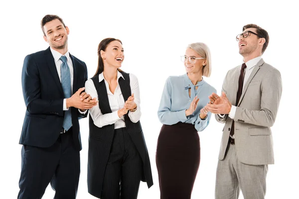 Successful cheerful businesspeople celebrating and applauding isolated on white — Stock Photo