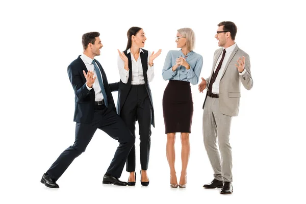 Exitosos empresarios celebrando y aplaudiendo aislados en blanco - foto de stock