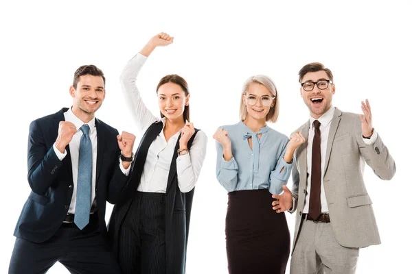 Схвильовані професійні бізнесмени святкують успіх ізольовані на білому — стокове фото