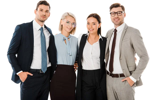 Professionelle erfolgreiche Business-Team umarmt zusammen isoliert auf weiß — Stockfoto
