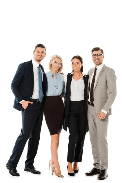 Empresarios exitosos abrazándose juntos aislados en blanco - foto de stock