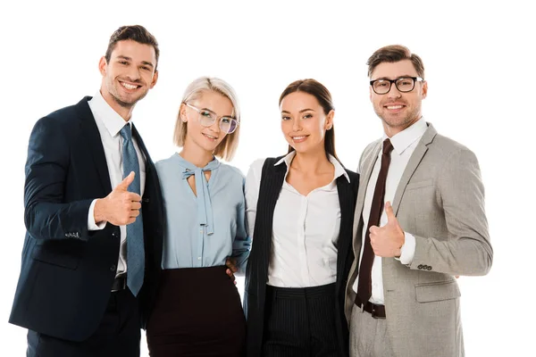 Hombres de negocios exitosos mostrando pulgares hacia arriba y de pie con compañeros de trabajo mujeres aisladas en blanco — Stock Photo