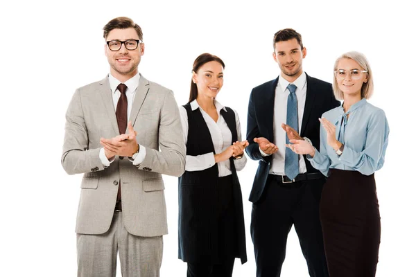 Smiling business team applauding to successful boss isolated on white — Stock Photo