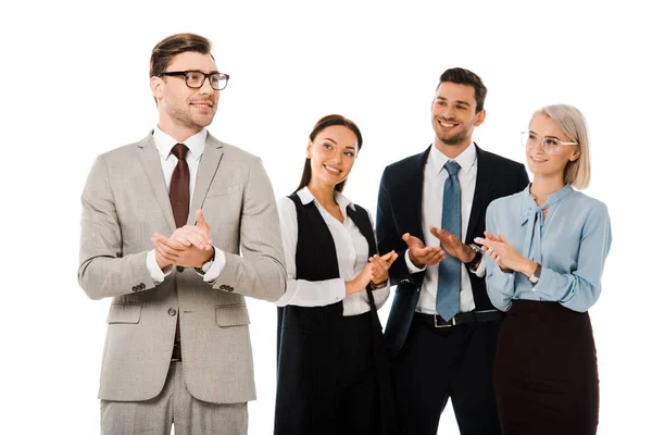 Equipe de negócios de sucesso aplaudindo a chefe isolado em branco — Fotografia de Stock