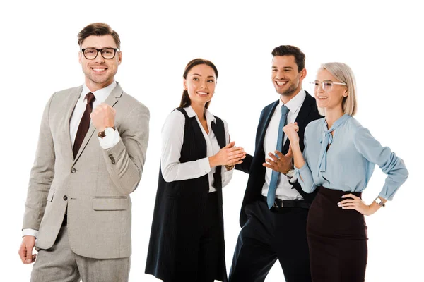 Uomo d'affari di successo in piedi con squadra professionale isolato su bianco — Foto stock