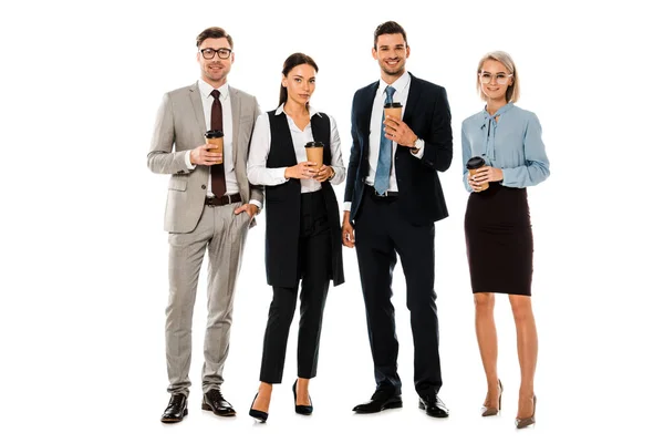 Sonrientes empresarios tomando un café juntos aislados en blanco - foto de stock