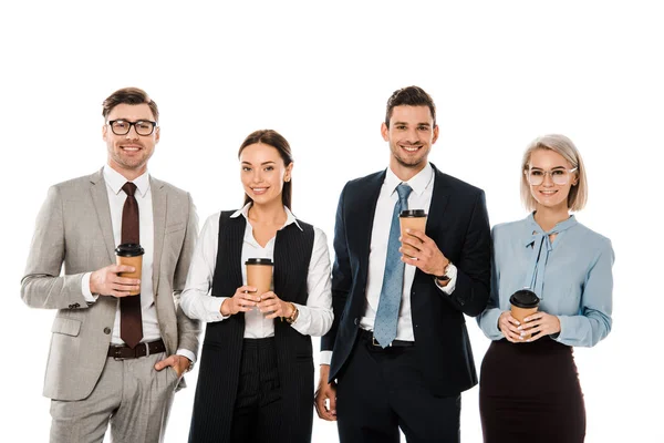 Alegre negocio equipo tener café romper juntos aislado en blanco - foto de stock