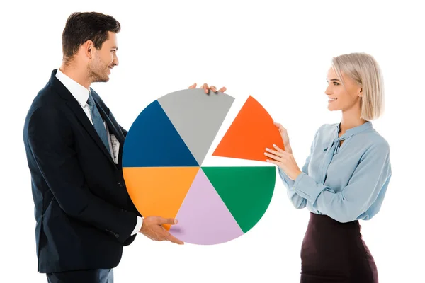 Happy business coworkers holding colorful chart isolated on white — Stock Photo