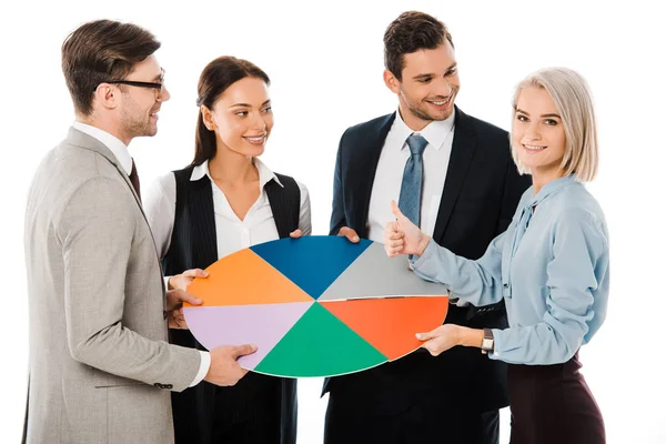 Corporate managers holding colorful chart and showing thumb up isolated on white — Stock Photo