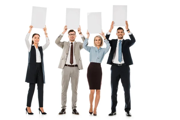 Geschäftsleute mit leeren Plakaten auf weißem Grund — Stockfoto