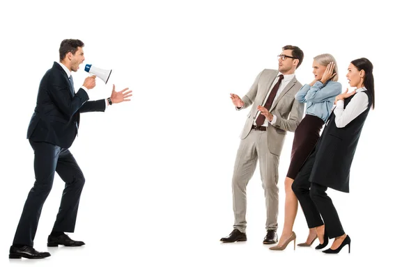 Angry boss yelling at workers with bullhorn isolated on white — Stock Photo