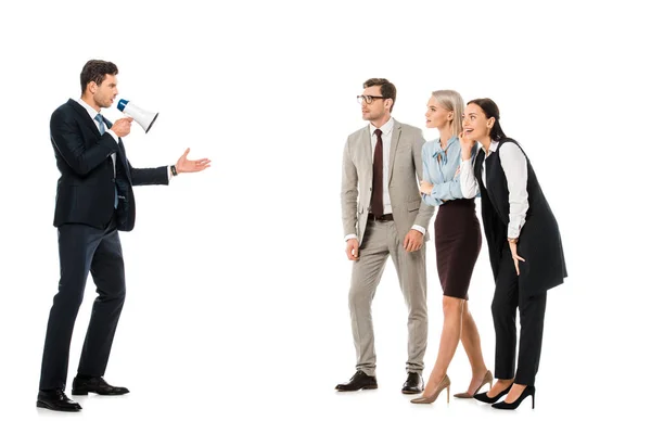 Бізнес-менеджери слухають лідера з мегафоном ізольовані на білому — стокове фото